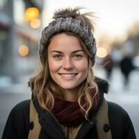 retrato de un sonriente joven mujer vistiendo un invierno sombrero y bufanda en el ciudad generativo ai foto