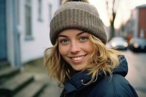 portrait of a smiling young woman wearing a beanie generative ai photo