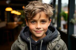 retrato de un joven chico vistiendo un capucha generativo ai foto