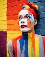 portrait of a woman with colorful face paint and colorful hair in front of a colorful brick wall generative ai photo