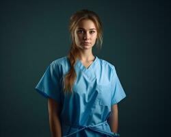 retrato de un joven hembra enfermero en azul fregar traje aislado en oscuro antecedentes valores foto generativo ai