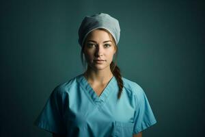 portrait of a young female nurse in blue scrubs on dark background generative ai photo