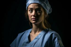 portrait of a young woman in a blue scrub suit on a black background stock photo generative ai