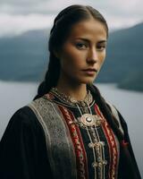portrait of a young woman in norwegian traditional dress generative ai photo