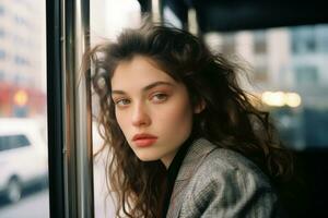 portrait of a young woman sitting on a bus looking out the window generative ai photo