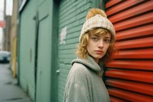 portrait of a young woman wearing a beanie standing in front of a red door generative ai photo