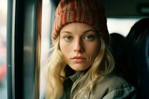 retrato de un joven mujer vistiendo un gorro en un autobús generativo ai foto