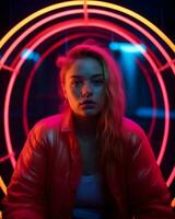 portrait of a young woman with neon lights in the background generative ai photo