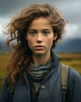 portrait of a young woman with long curly hair in the middle of a field generative ai photo