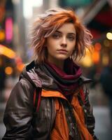 retrato de un joven mujer con rojo pelo en el calle en nuevo York ciudad generativo ai foto