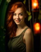 portrait of beautiful red haired woman in green dress generative ai photo