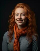 portrait of beautiful red haired girl with orange scarf on black background generative ai photo