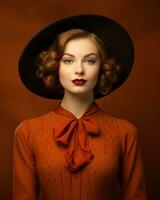portrait of beautiful woman in black hat and orange dress on brown background generative ai photo