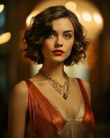 portrait of beautiful woman with red lipstick and gold necklace generative ai photo