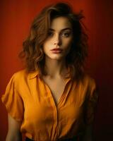 portrait of beautiful young woman in orange shirt against red background generative ai photo