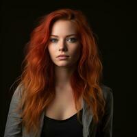 portrait of beautiful redhead woman with long hair on black background generative ai photo