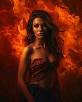 portrait of beautiful young woman with fire on background stock photo generative ai