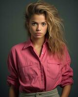 retrato de hermosa joven mujer en rosado camisa generativo ai foto