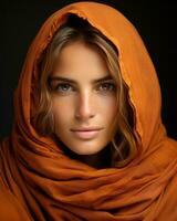 portrait of beautiful young woman in orange shawl on black background generative ai photo