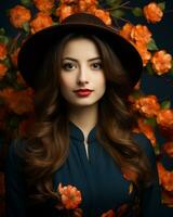 retrato de hermosa joven mujer con sombrero y flores en oscuro antecedentes generativo ai foto