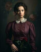 retrato de victoriano mujer con Rosa generativo ai foto