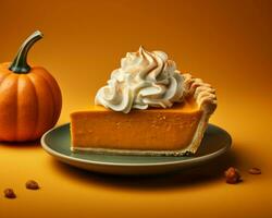 pumpkin pie with whipped cream and pumpkin on yellow background generative ai photo