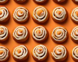 calabaza especia canela rollos en un naranja antecedentes generativo ai foto