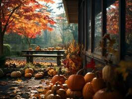 calabazas y hojas en el suelo en frente de un casa generativo ai foto