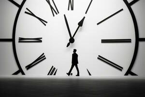 silhouette of a man walking in front of a large clock generative ai photo