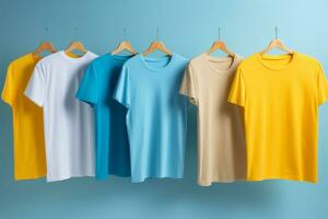 six different colored t - shirts hanging on hangers generative ai photo