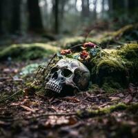 skull in the forest with flowers generative ai photo