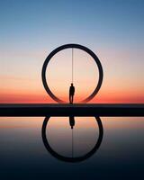 silhouette of a man standing in front of a circular structure at sunset generative ai photo