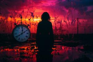 silueta de un persona en pie en frente de un reloj a puesta de sol generativo ai foto