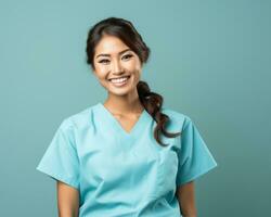 smiling asian female nurse in blue scrub suit on blue background stock photo generative ai