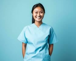 smiling asian female nurse in blue scrubs on blue background generative ai photo