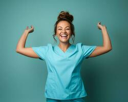 smiling female nurse in blue scrubs holding her arms up generative ai photo