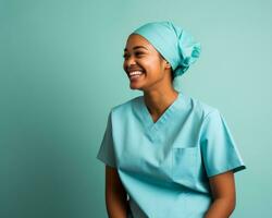 sonriente hembra enfermero en azul fregar parte superior y turbante en azul antecedentes generativo ai foto