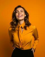 smiling woman in yellow shirt and black pants on orange background generative ai photo