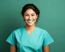 smiling female nurse in blue scrubs against green background generative ai photo