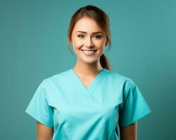 smiling female nurse in blue scrubs on blue background generative ai photo