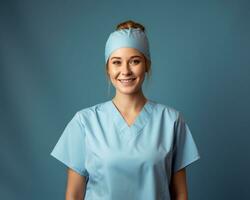 sonriente hembra médico en azul fregar traje en azul antecedentes generativo ai foto
