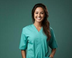 smiling female nurse in blue scrubs on green background generative ai photo