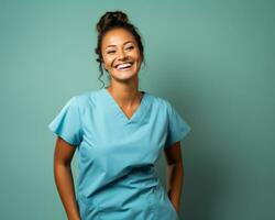 smiling female nurse in blue scrubs on green background generative ai photo