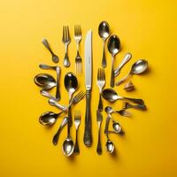cucharas tenedores y cuchillos arreglado en un circulo en un amarillo antecedentes generativo ai foto
