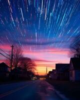 star trails in the sky over a residential street generative ai photo