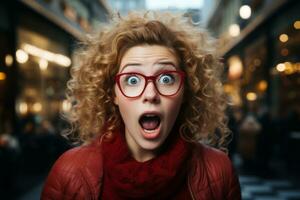 sorprendido mujer con rojo lentes en un ciudad calle generativo ai foto