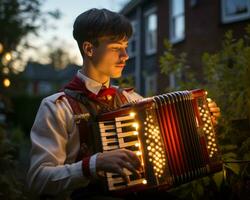 the boy is holding an accordion generative ai photo