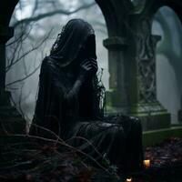 the grim reaper sitting in a graveyard with candles generative ai photo