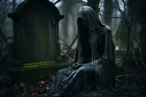 the grim reaper sits in the middle of a graveyard generative ai photo