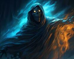 the grim reaper is standing in the dark with flames in his hands generative ai photo